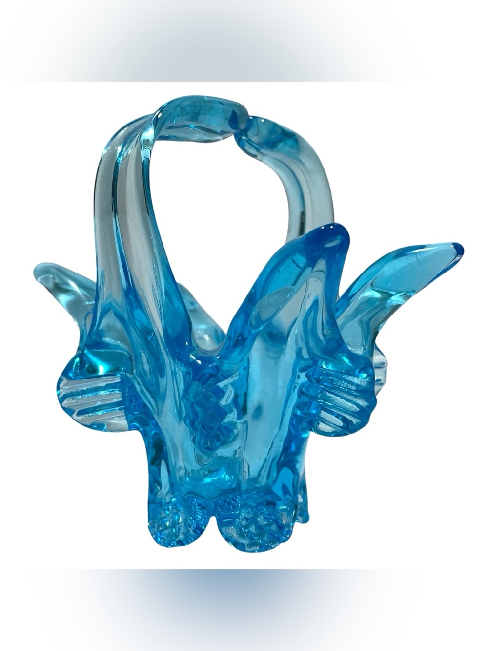 Vintage 1960s Chalet Small Blue Floral Basket Art Glass Vase - Canadian Hand Blo
